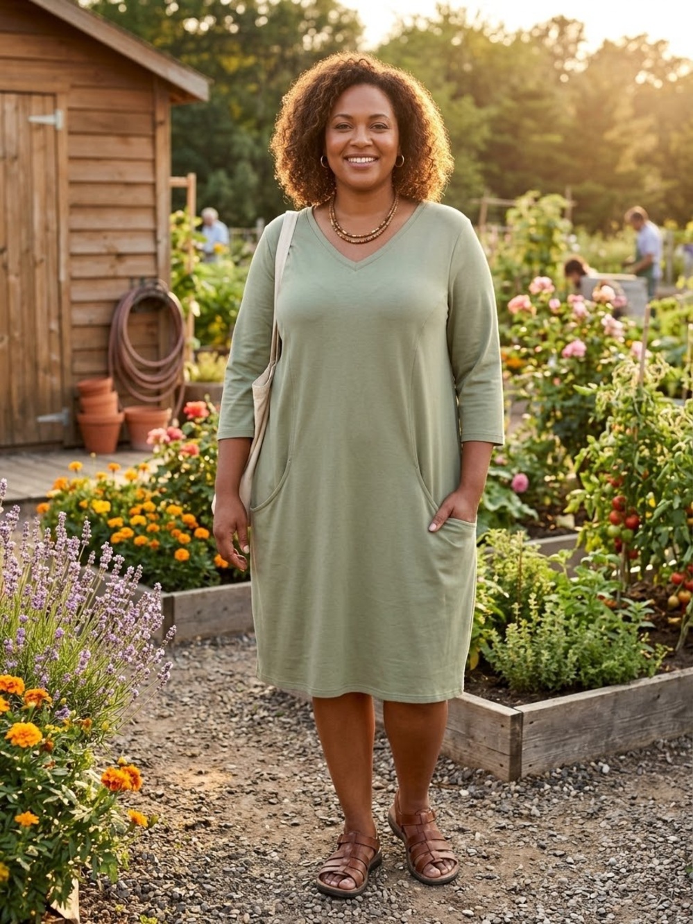 Denim & Co. Active Size 1X Green French Terry 3/4 Sleeve Dress with Pockets